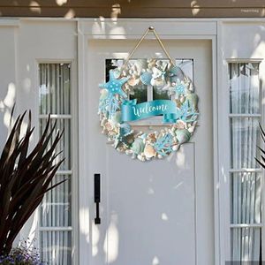 Decorative Flowers Welcome Sign For Front Door 2D Flat Starfish And Seashell Wooden House Blue Beach