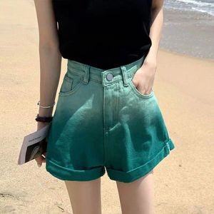 Women's Jeans Green Gradient Denim Shorts Female Summer Loose Korean Casual Wild High-waist A-line Wide-leg Pants