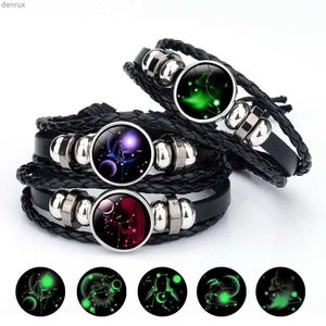 Altri braccialetti brillano nel braccialetto di corda di cuoio scuro 12 costellazioni per donne uomini luminosi del segnali zodiacali di gioielli punk regalo di gioielli punkl240415