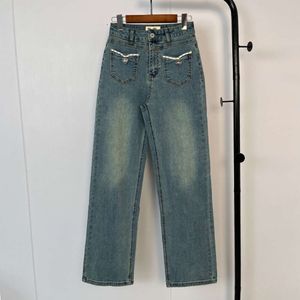 Hög version M Miao 24SS tidig vårficka älskar pärlkedjedesign elastiska midja jeans