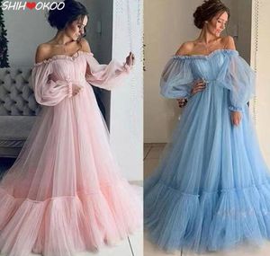 Pink Blue Prom -klänningar långärmad från axel Gaze Princess Vestido 2022 Homecoming Ball Gown Formal Evening Party Robes8137343