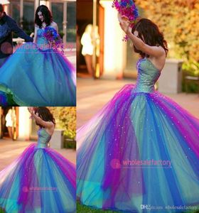 Vestidos azul e roxos do arco -íris Quinceanera vestidos corejados corete