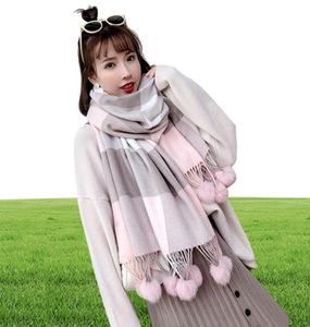 Rabbit Fur Pom Pom stal Pashmina Cashmere Shawl Plaid ull halsduk för kvinnor mjuk varm kvinnlig poncho mode lady scarves y2001049372385