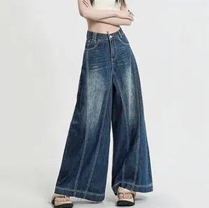 Kadınlar Kot pantolon geniş bacaklar uzun pantolon cep düğmesi yüksek waistler düz tüp bayanlar rahat pantolon ropa mujer
