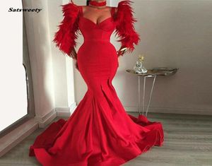 Sjöjungfrun röd fjädrar aftonklänning slim fest klänning långa ärmar prom klänningar vestido de festa longo ny ankomst4680480