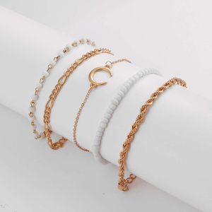 New Style Fashion Street Shot White Rice Bead Chain Fried Dough Twists Moon Multi-layer Bracelet 5-piece Set Jewelry Female