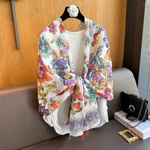 Scarves Women's Cotton Linen Scarf 2024 Summer Rectangular 180 80 Flower Pattern Multifunctional Outwear Shawl Fashion Head