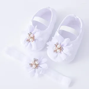 Erste Walkers Baby Girls Prinzessin Blumenschuhe Stirnband Set Walker Schuhkinder Kleinkinder Weiche Sohle Anti-Skip-Frühling Herbst