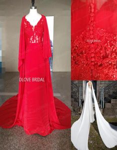 Real Po hochwertige Scheide Chiffon Hochzeitskleid Illusion Brautkleider mit Cape Schal griechischer Graecismus Brautkleid Rot WH2860722