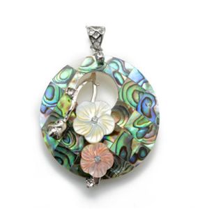 Handgjorda smycken Round Paua Abalone Shellhänge med gula och rosa blommor unika smycken 5 bitar7608830