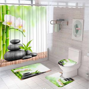 Cortinas de chuveiro 4pcs Black Zen Stone Flower Curtain Conjunto de bambu verde cenário de jardim decoração de banheiro não deslizamento tampa da tampa do banheiro