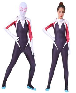 Bazzery Spider Gwen Costume Stacy Cosplay Hoodie Zentai Into Spiderverse Adult Kids Bodysuit Skin Suit Halloween Cosplay G0925217924