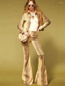 Women's Two Piece Pants 2024 Fashion Star Snake Skin Pattern Leather Jacket&Flared Bodycon Club Party Runway 2-Piece Set
