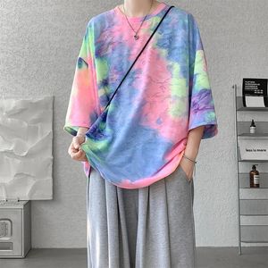 Y2k tie-dye t-shirt för män koreanska streetwear sommar kort ärm tee toppar o-hals tshirts överdimensionerade t-shirt par tees 240410