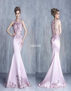 Tony Chaaya 2020 Evening Dresses Light Purple Satin Beaded Mermaid Prom Glows Sheer Lace Applique Sleeveless Jewel Neck Billig Part6687298
