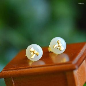 Dangle Earrings Creative Design Natural Hetian Jade Round Lady Stud Simple Small Sweet Bow Charm Andible Gold Craft Jewelry