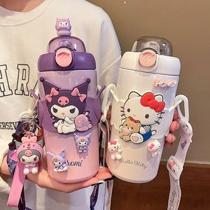 Large capacity cartoon Kuromi stainless steel insulated cup for girls, outdoor straw water bottle, children's carrying cup