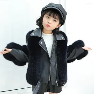Jackets Girls Faux Fur Jacket Fashion Leather Children Coat Long Sleeves Autumn Winter Artificial Kids Clothes TZ356
