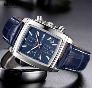 Megir -Rechteck -Zifferblatt Leder -Armband Uhr für Männer lässig Blau Chronographen Quarz Uhren Mann Armbandwatch Montre Reloj 2112313342973