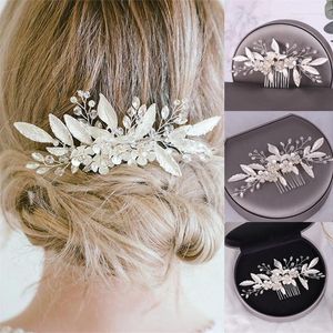 Clip per capelli Colore argento Crystal Leaf Flower Banda per donne Accessori per matrimoni da sposa Regalo per gioielli