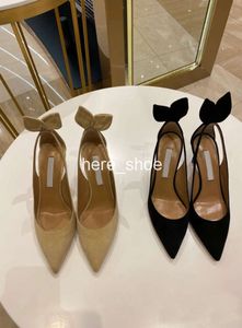 Woman pop heels sexy sandal pointed toe aquazzuras Bow Tie 105mm cutout leather pumps slingback wedding party dress pump black nude sude