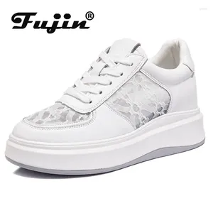 Casual Shoes Fujin 7cm Air Mesh Chunky Sneakers Summer Comfy Cow äkta läder spetsar upp damer kilplattform andas ihålig vulkaniserad