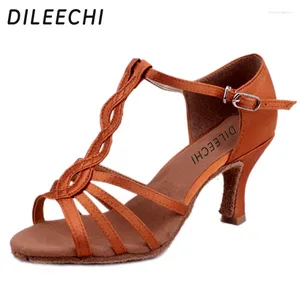 Sapatos de dança Dileechi Bronze Black Cetim Latim Feminino Adulto Dança Salsa SQURE Med Heel 7cm por atacado