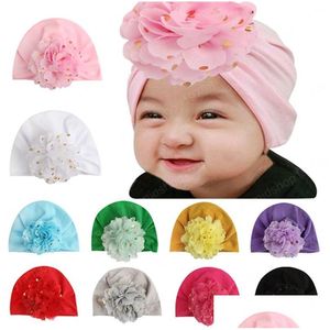Шляпы шляпы высококачественные хлопковые смеси детские девочки младенец цветок с золотыми точками детей цветочные головные уборы.