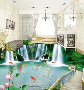 Papéis de parede 3D papel de parede personalizado Ponte de madeira natural Cachoeira piso PVC Decoração em casa