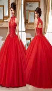 Sheer Crew Neck Sweet 16 Masquerad Red Pärled Quinceanera Dresses Spets Appliqued Ball Gowns Tulle Debutante Ragazza Dress3646324