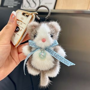 11cm/4.3" Real Genuine Mink Fur Cat Keychain Fur Ball Pompom Bag Charm Purse Car Phone Pendant Kids Doll Toys