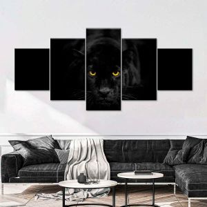 5 Panel seltene schwarze Panther -Wandkunst schwarzer Leopard HD Bilder Leinwand Malerei Wandkunst für Wohnzimmer Wanddekoration kein Rahmen