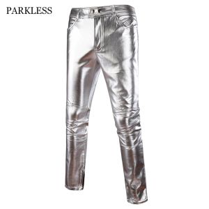 Pantaloni motociclisti pantaloni in pelle pudri maschi marca magra pantaloni neri argento oro pantaloni da nightclub pantaloni da tasto per cantanti ballerini