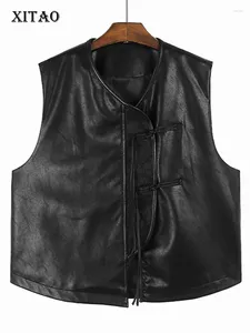 Frauenwesten Xitao Vintage PU Solid Color Vest V-Ausschnitt Single Breauzed ärmellose Einfachheit All-Match 2024 Frühling Frauen DMJ3889