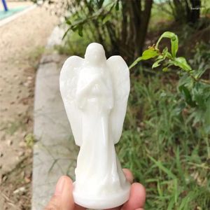 Estatuetas decorativas de 10,5 cm de mármore branco natural jade anjo anjo escultura estátua cura feng shui estética decoração em casa espiritual