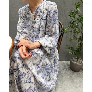 Casual Dresses Fashion Flower Print Lace-Up O-Neck Dress Women's Spring Summer Gentle Style Vintage Ink Lantern Sleeve A-Line Floral