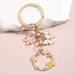 Keychains Lanyards Cute Enamel Keychain Butterfly Sakura Flower Key Ring Garden Key Chains Friendship Gifts For Women Girls DIY Handmade Jewelry