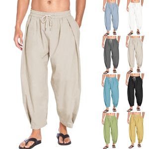 Arrival Mens Cotton Hemp Harlan Pants Drawstring Casual Capris Lightweight Loose Beach Yoga Pant Belt Pocket Trousers 240403