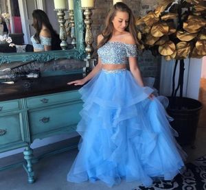 2018 Newest Blue Two Piece Prom Dresses Bateau Neck Short Sleeves Sequins Beaded Ruffles Skirt Floor Length Sparkly Graduation Dre3162457