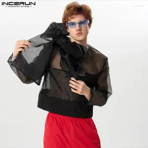 Mäns casual skjortor 2024 män skjorta mesh lapptäcke transparent o-hals långärmad bindning kläder streetwear sexiga fest mode camisas