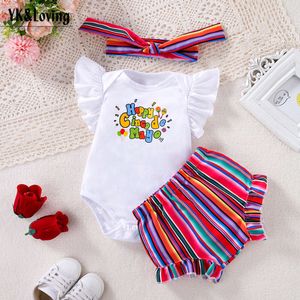 Festival mexicano Baby Conjunto de mangas voadoras Sweetheart pp shorts e acessórios de cabelo Conjunto de 3 peças moda e fofa vestido de festa na moda