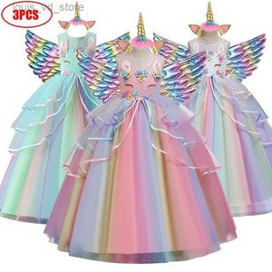 Girl's Dresses Fantasy girls long dress birthday princess dress Wedding flower girl Rainbow cake mesh Carnival gown party dresses T240415