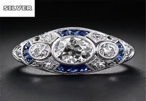 925 Anillos Silver Retro Court Full Cubic Zirconia Ring for Women Ladies Elegant Blue Crystal Rings Bankett Sapphire Jewelry3899633