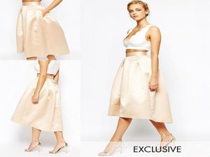 Modemästerkjolar satin puffy en linje parti klänningar hög låg knä längd kvinnor formella kjolar 2016 anpassade gjorda prom klänningar8246909