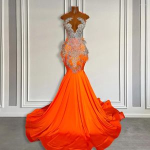 Party Dresses Long Orange Fitted Mermaid Prom Dress 2024 Silver Beaded Rhinestone African Black Girls Satin Luxury Gala Gowns