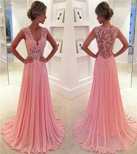 Vintage Sweety Blush Pink A Line Chiffon Evening Dresses Appliques in pizzo che si tuffa a v Nerfo sexy maniche a berretto a valotto Girls Party FO2547395