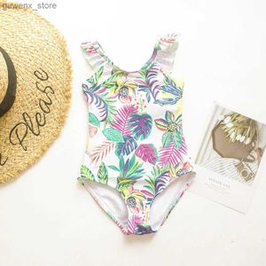 Pieci da 3-12 anni Ruffle Deco Girls Kids One Piece Swimsuit Swimwear 2024 Leaf Stampa Summer Beach Children Girls Beachwear Bedwear Abito da bagno Y240412Y2404170Z7i