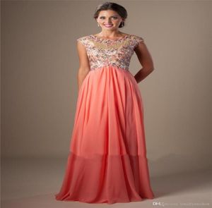Coral Chiffon Modest Prom Dresses Cap Sleeves Aline Beaded Crystals Floor Length University Prom Gowns Custom Made Fast Ship2249737