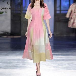 Party Dresses QHz Summer Designer Fashion Dress Long For Women V-Neck Lantern Sleeve Vintage Gradient Print Cotton Slim Midi