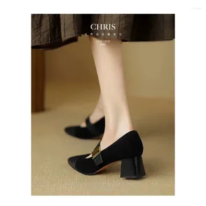 SURES BUTS Women Nature Suede High Gruste Obcasy 2024 Spring Black Moreli Square Pumps Elegancka Dani Metal Decoration